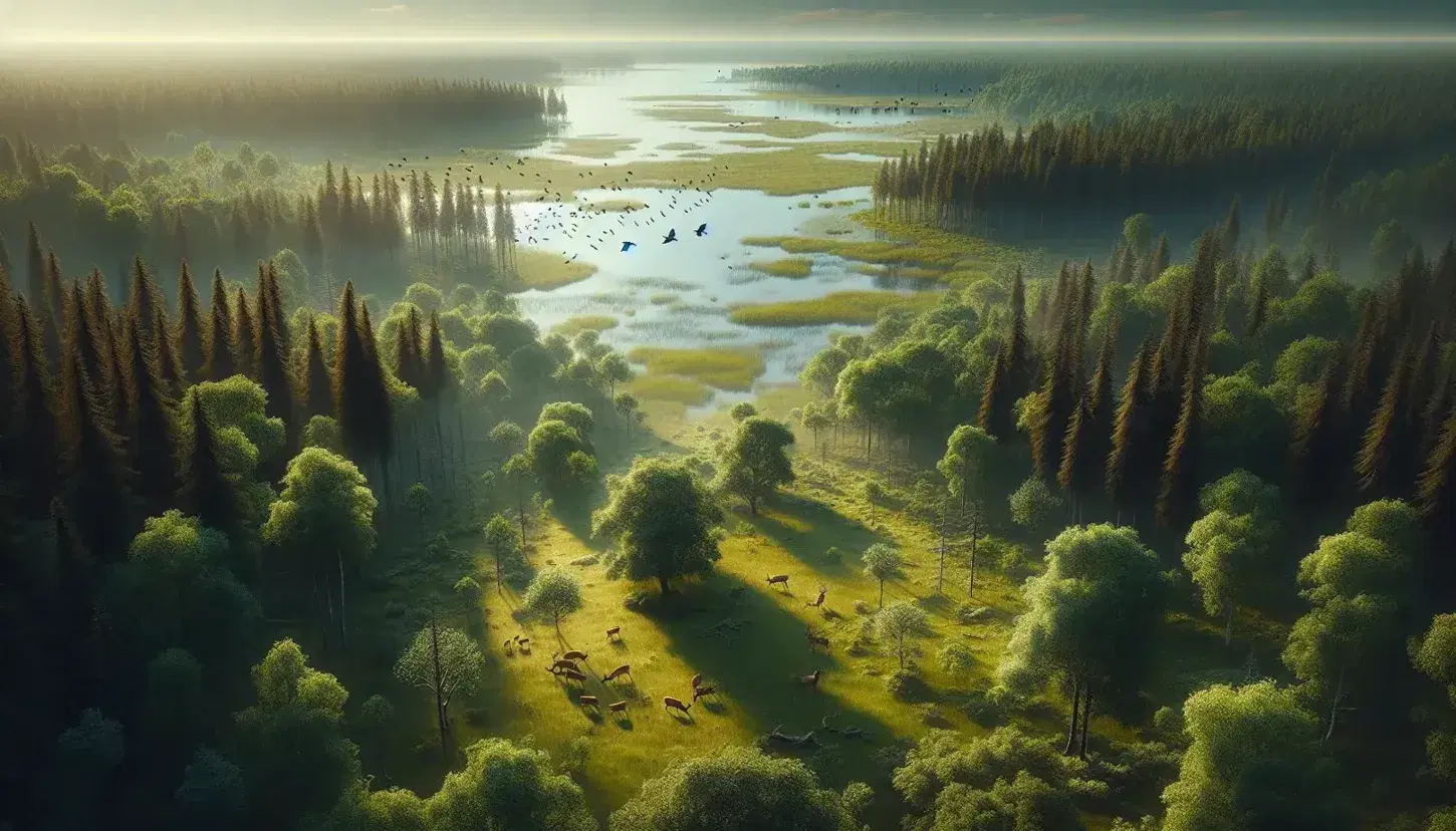Bosque denso con ciervos pastando en un claro, lago reflejando el cielo azul, aves volando y luz solar filtrándose entre árboles.