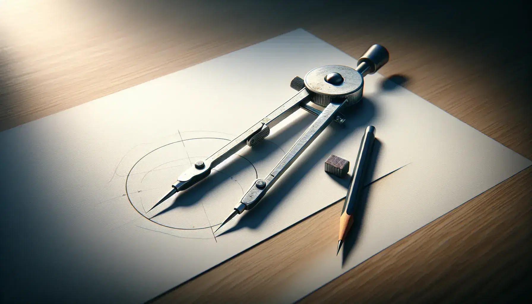 Close-up view of a metallic compass with open legs and attached pencil on white paper, having drawn a perfect centered circle, with a soft shadow on a light brown desk.