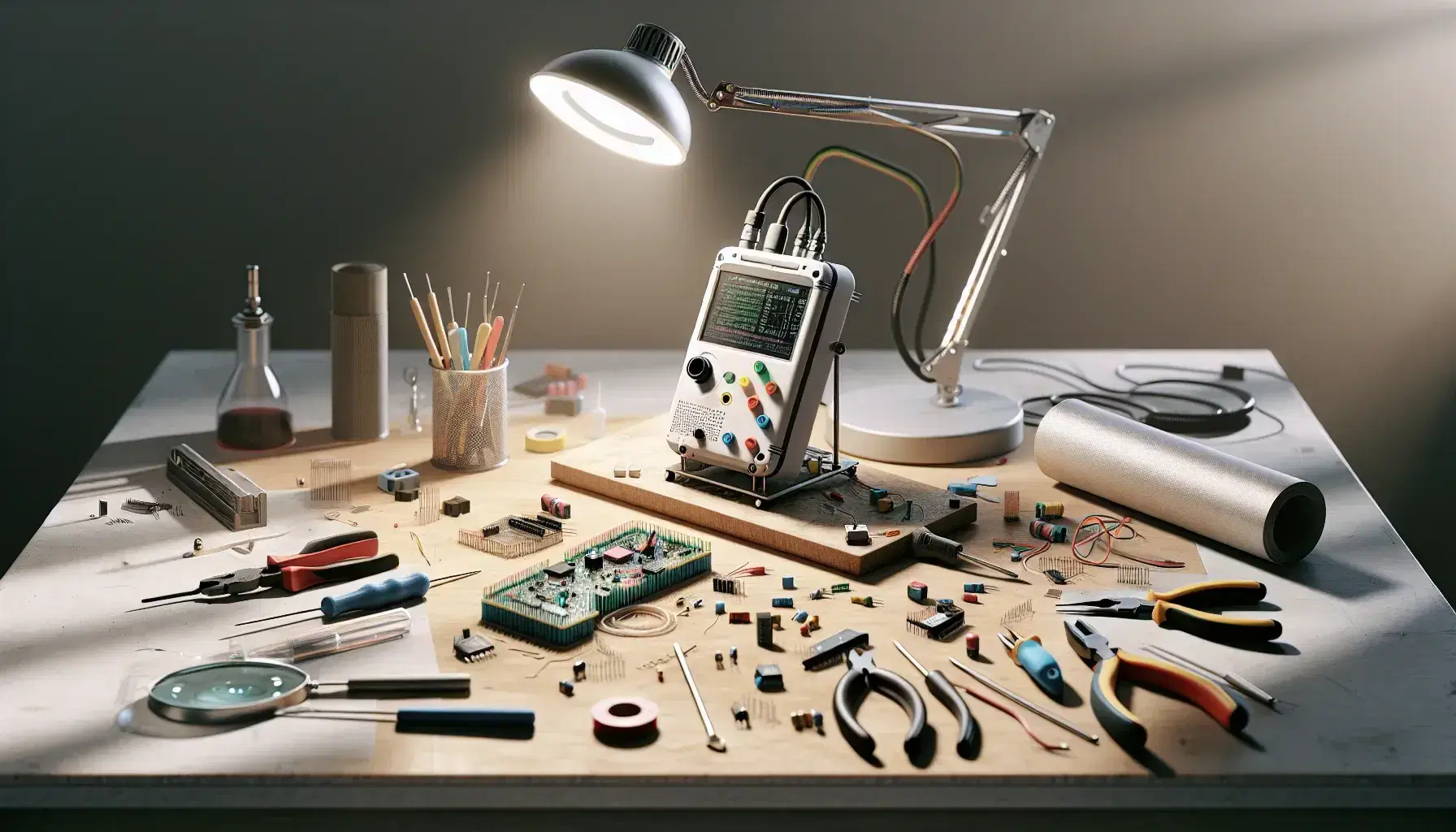 Mesa de trabajo de laboratorio con prototipo electrónico y herramientas como soldador, alicates y destornilladores, rodeado de componentes electrónicos bajo luz de lámpara articulada.