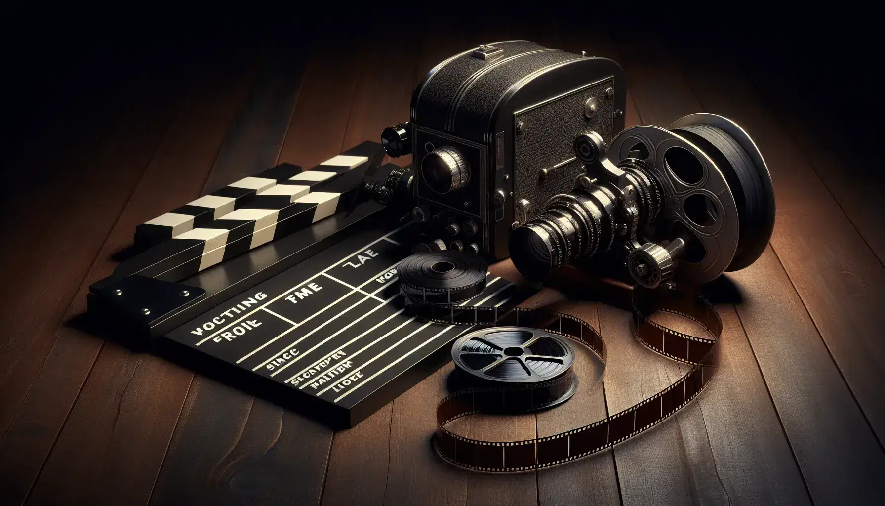Colección de artículos de cine vintage con cámara clásica, carrete de película desenrollado y claqueta de director sobre superficie de madera oscura.