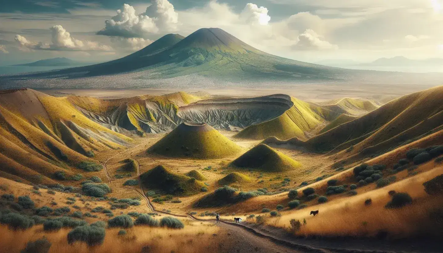Vista panoramica dei Campi Flegrei con il Vesuvio sullo sfondo, colline di tufo giallastro, vegetazione mediterranea e mare con barca a vela.
