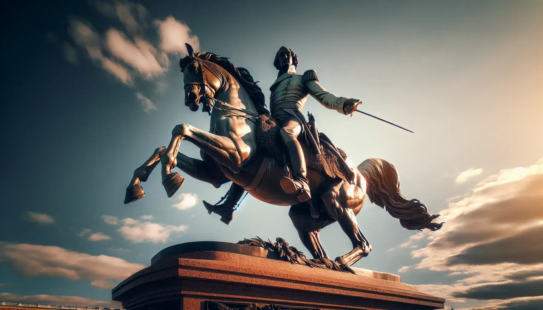 Estatua ecuestre de bronce de un militar del siglo XIX a caballo, con uniforme y espada, apuntando hacia adelante bajo un cielo azul con nubes dispersas.
