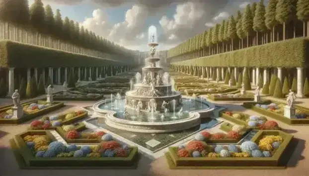 Giardino barocco ben curato con fontana rinascimentale in marmo bianco, aiuole geometriche fiorite e statue marmoree lungo un viale ghiaiato.