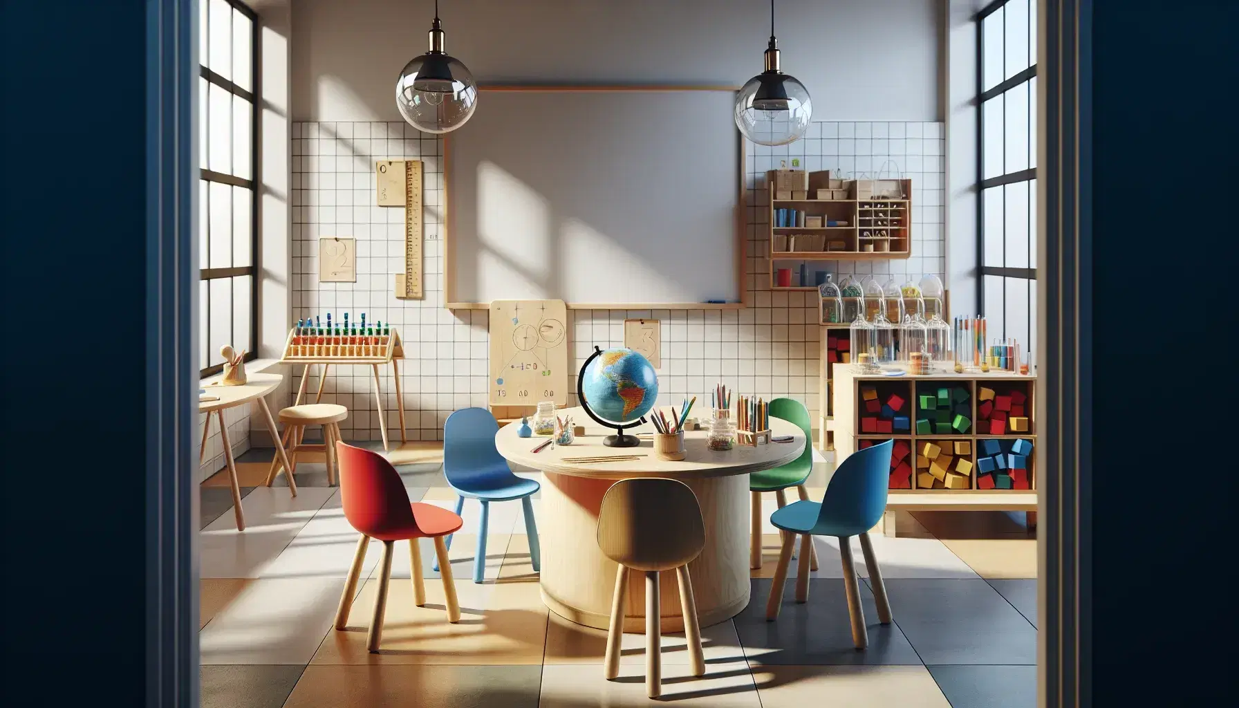 Aula luminosa con mesa redonda y sillas de colores, globo terráqueo, regla, compás y bloques geométricos, estantería con materiales educativos y pizarra en blanco.