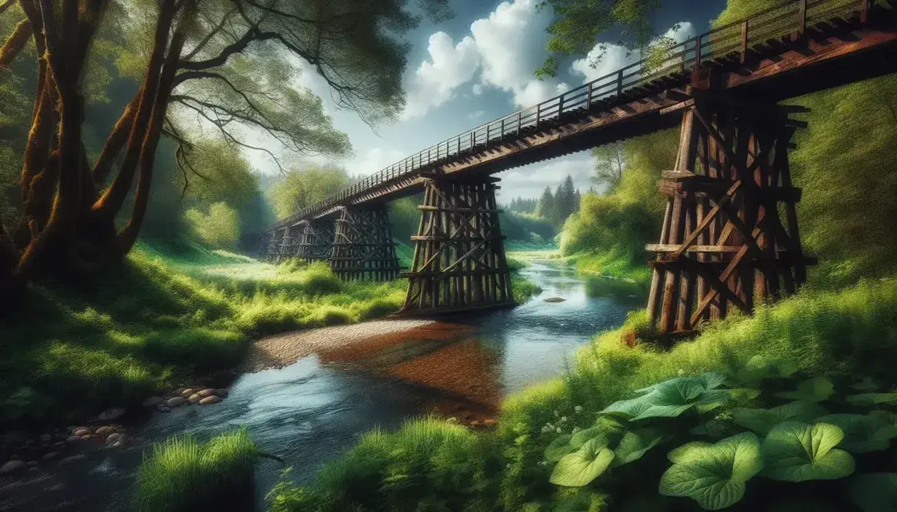 Ponte di legno antico su fiume tranquillo con riflessi del cielo azzurro, circondato da vegetazione rigogliosa e alberi lussureggianti.