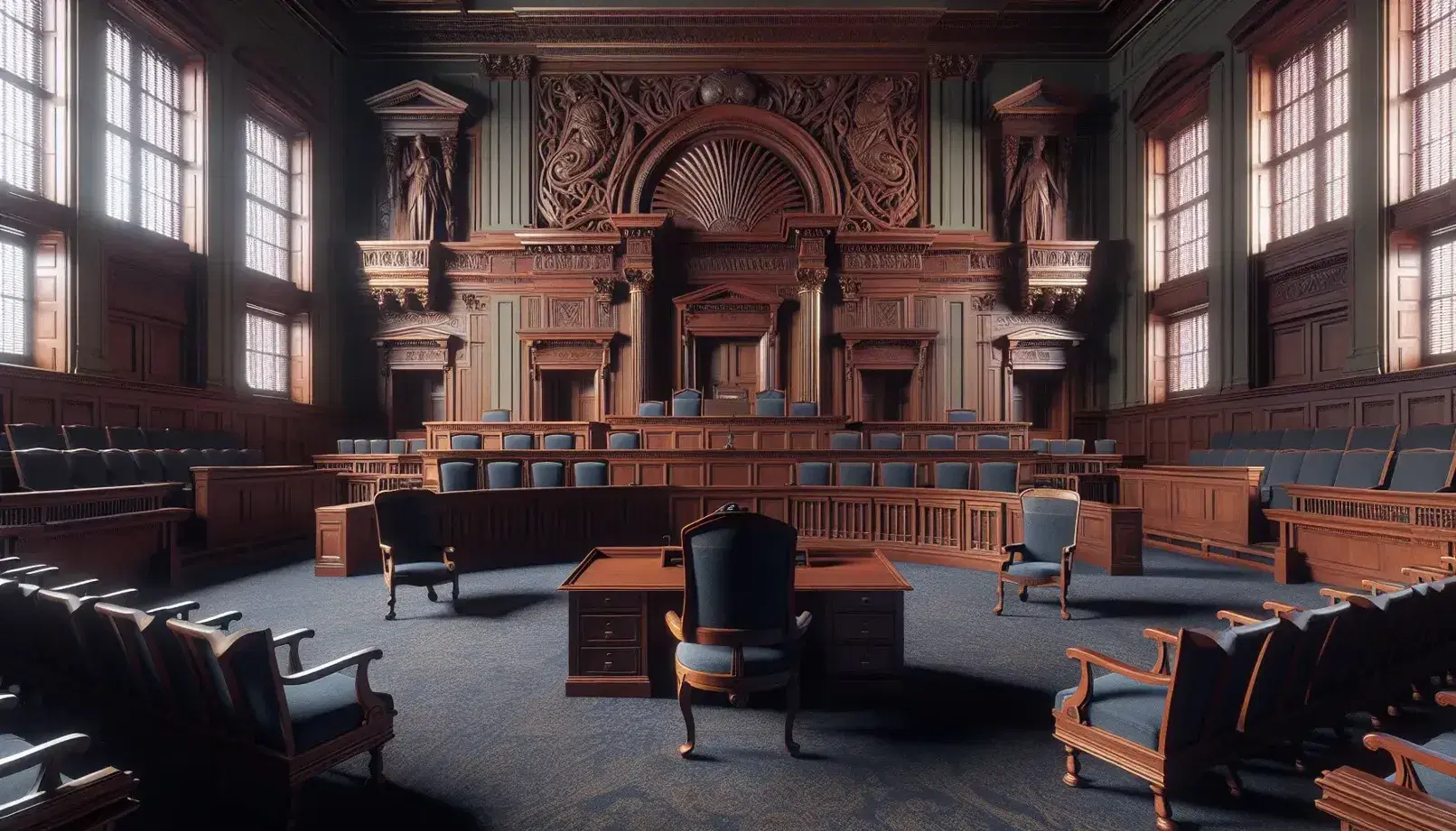 Elegant courtroom interior with a polished mahogany judge's bench, dark blue carpet, wooden spectator chairs with blue cushions, and tall, light-filtering windows.