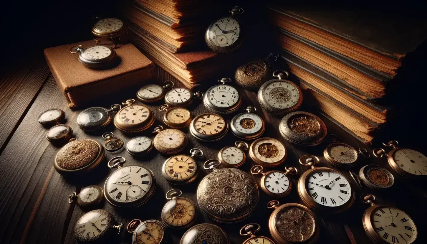 Collezione di orologi da tasca antichi su superficie in legno scuro, con pagine ingiallite sullo sfondo e illuminazione calda.