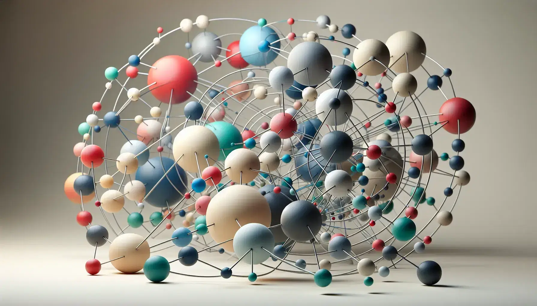 Estructuras tridimensionales compuestas por esferas de colores como rojo, azul y verde, unidas por varillas y esferas más pequeñas en tonos neutros.