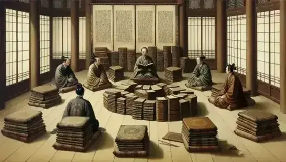 Traditional Asian literary gathering with an elder reading from a book to attentive listeners, surrounded by ancient texts, inkstone, and a scenic scroll.