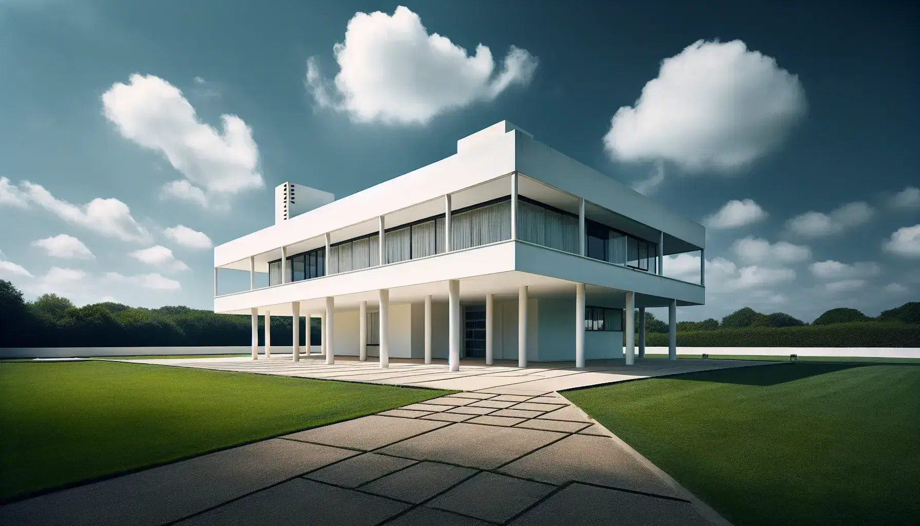 Villa Savoye di Le Corbusier a Poissy, Francia, con pilastri sottili, finestre a nastro e terrazza sul tetto, sotto un cielo azzurro.