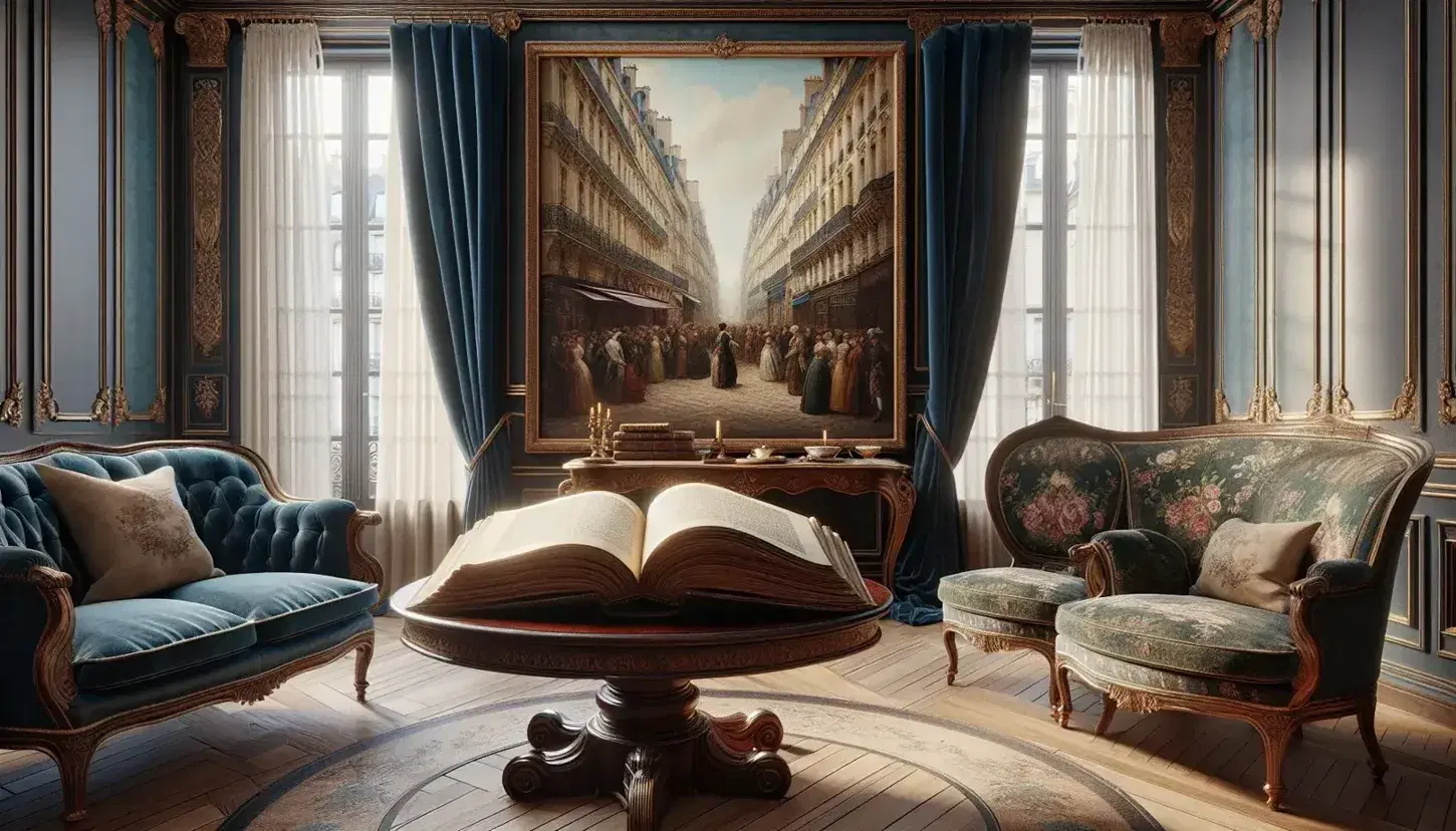 18th-century French salon with a round table and open book, life-sized Parisian street scene painting, and a floral armchair by a window with blue curtains.