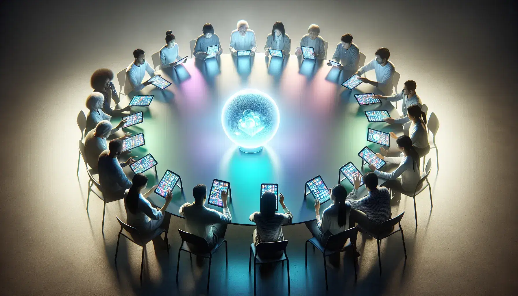 Grupo diverso de personas en reunión colaborativa alrededor de una mesa redonda con esfera luminosa central y tabletas digitales con gráficos coloridos.