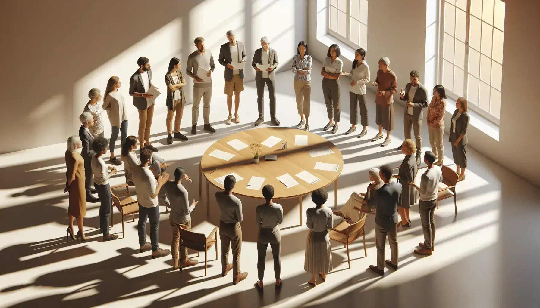 Grupo diverso de personas en reunión colaborativa alrededor de una mesa de madera en un espacio iluminado naturalmente.
