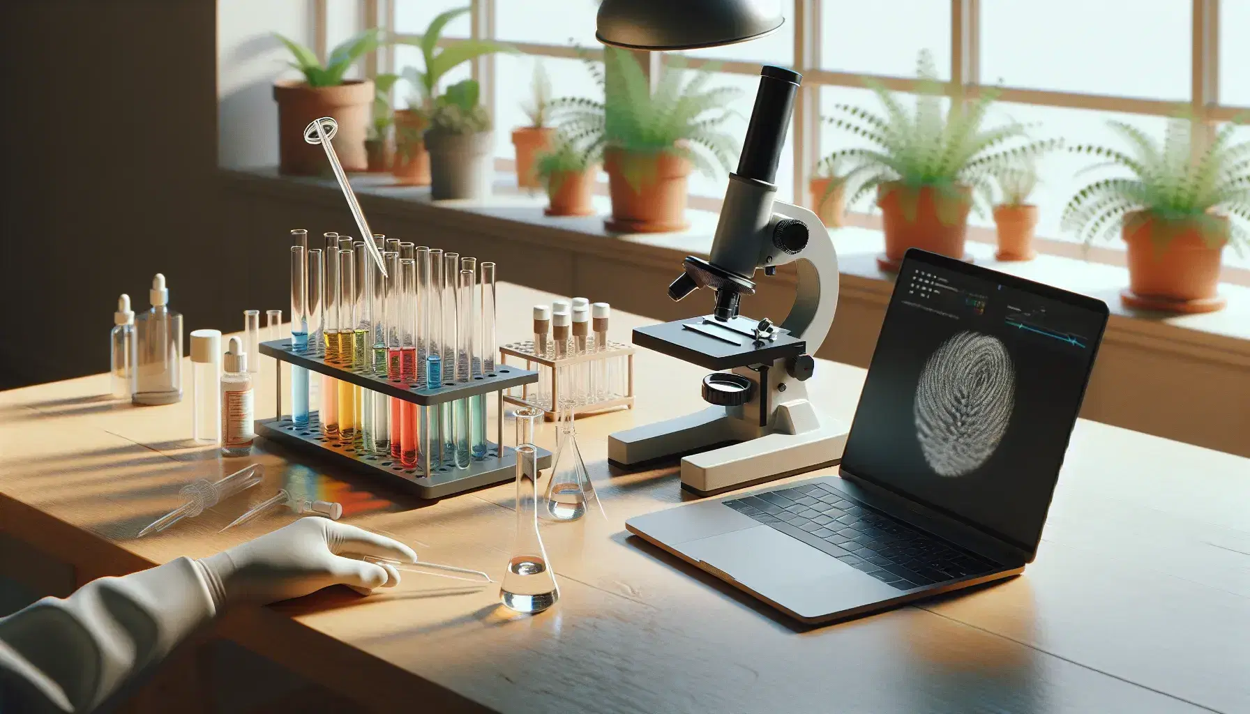 Laboratorio scientifico con microscopio, provette colorate in supporto, laptop grigio e pianta verde, mano con pipetta trasferisce liquido.