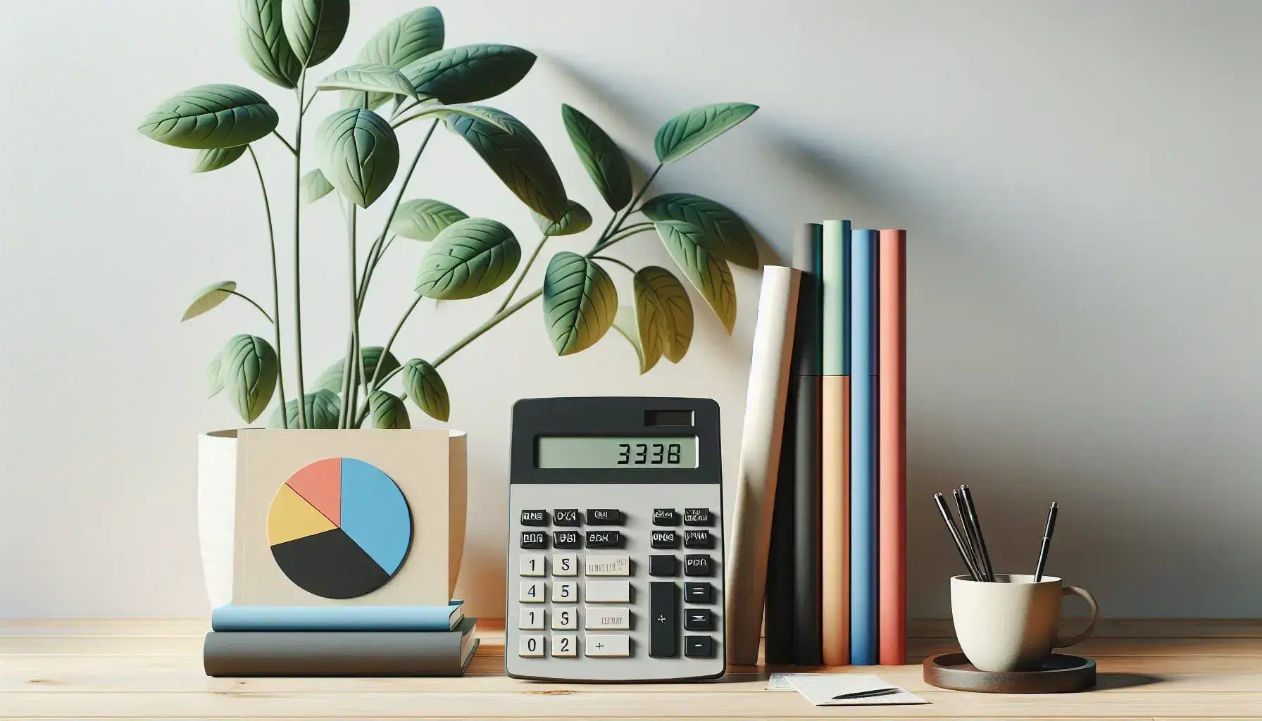 Escritorio de oficina con calculadora científica, gráfico de pastel tridimensional colorido, libros apilados y planta en maceta blanca.