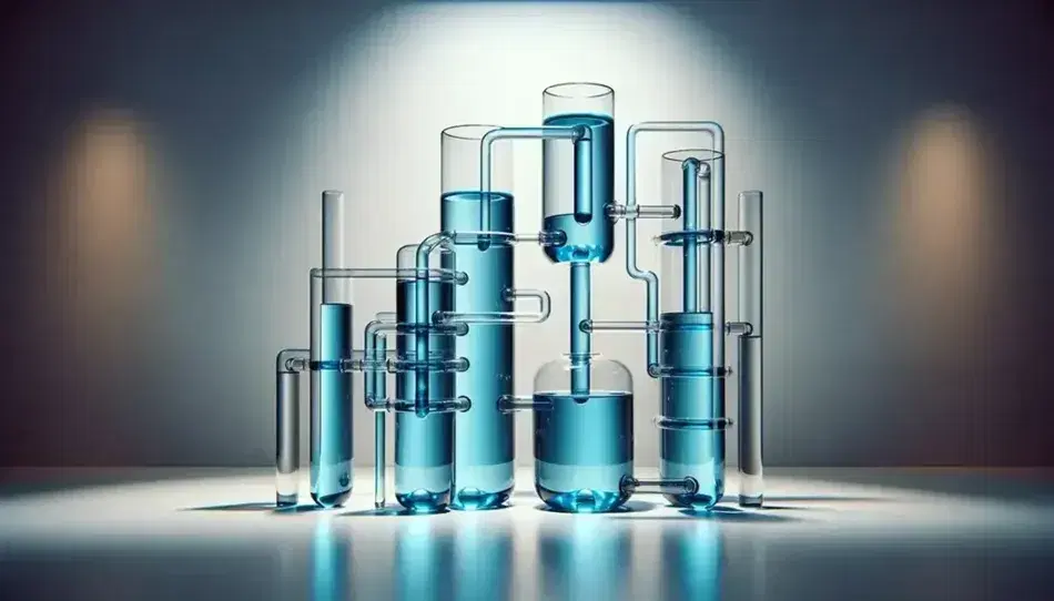 Vasi comunicanti trasparenti con liquido blu allo stesso livello, riflessi di luce evidenziano la trasparenza e il principio fisico.