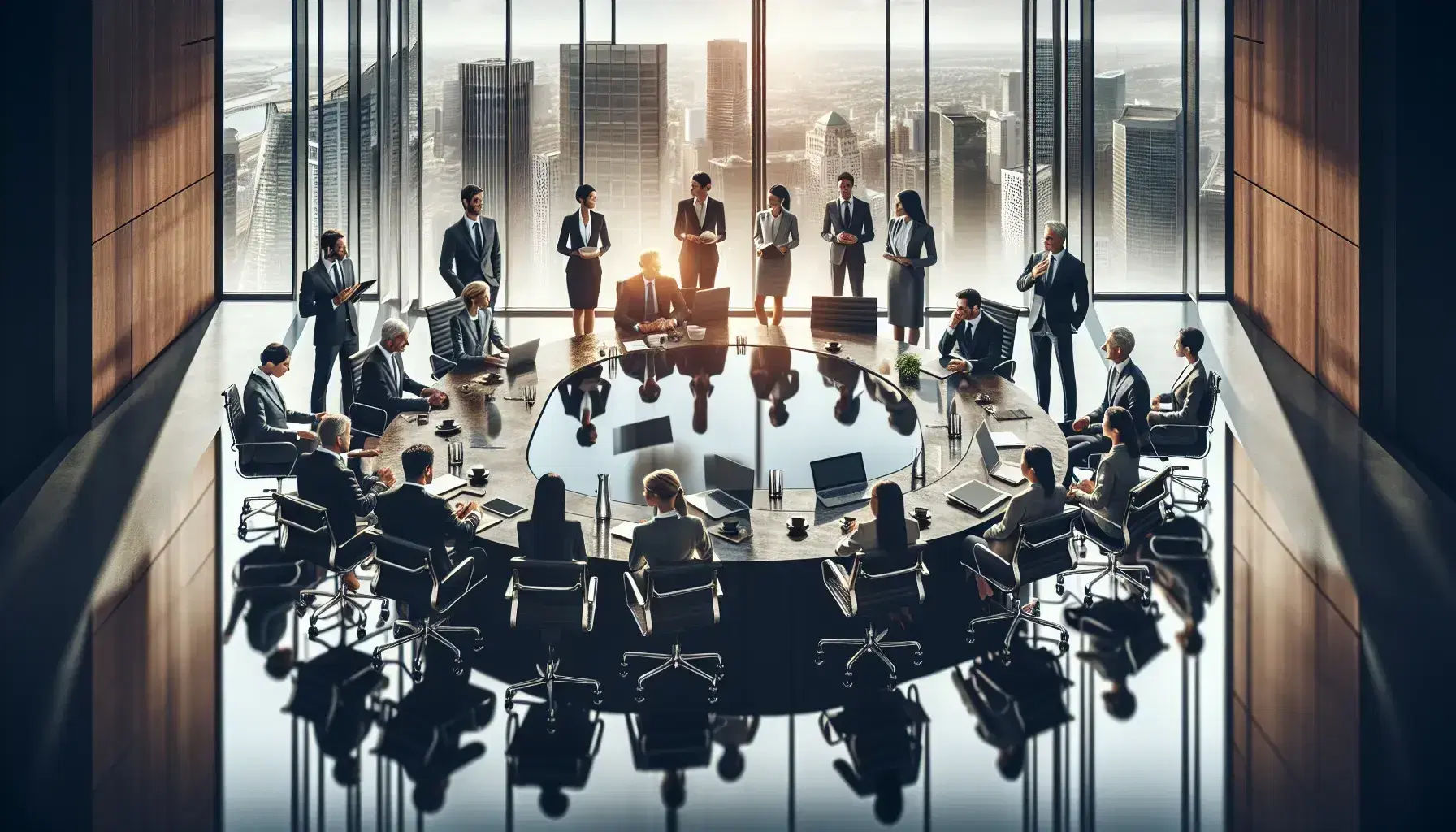 Grupo de profesionales diversos en reunión de trabajo en una sala de conferencias con ventanales y vista a la ciudad.