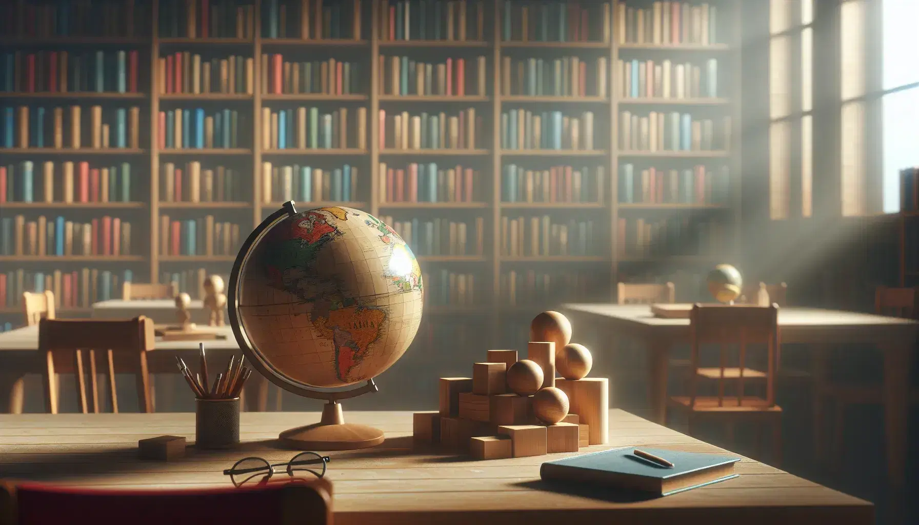 Escena tranquila en biblioteca con mesa de madera, globo terráqueo colorido, bloques geométricos y estantes llenos de libros, bajo una luz suave.