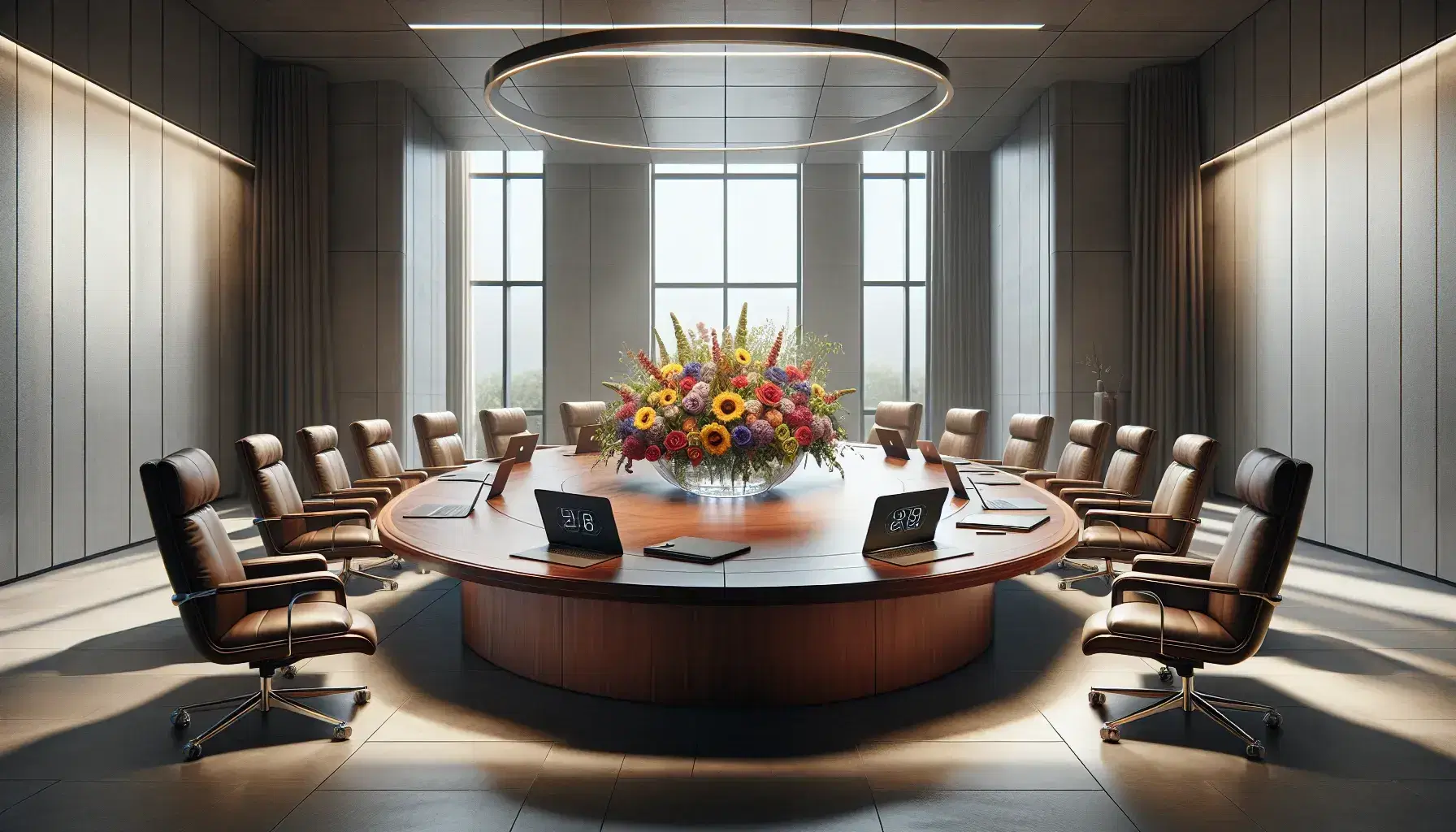 Bright boardroom with oval wooden table, six leather chairs, multiple laptops, and a vase of sunflowers, roses, and tulips under natural light.