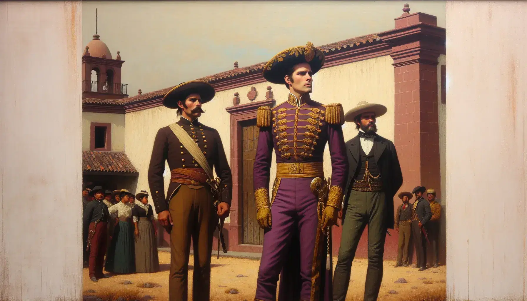 Tres figuras en atuendos del siglo XIX en México, una con uniforme militar y dos acompañantes, frente a edificio colonial con cielo despejado.