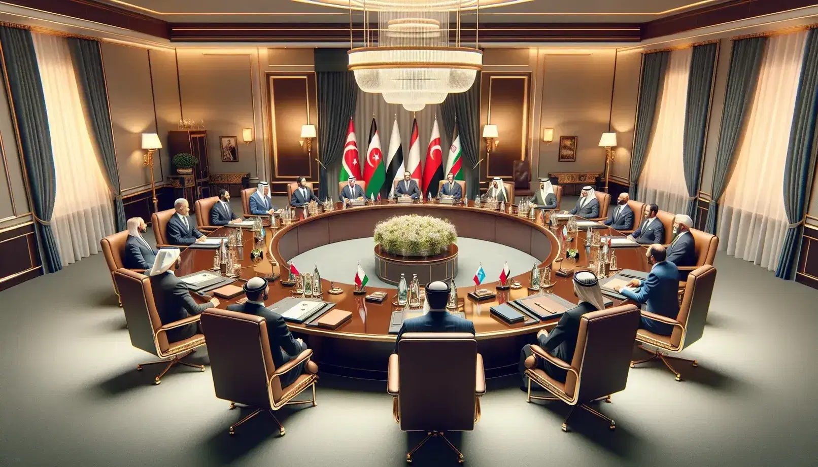 Diplomatic meeting in a formal room with delegates in suits and traditional Middle Eastern attire around an oval table, flags of red and green in the background.