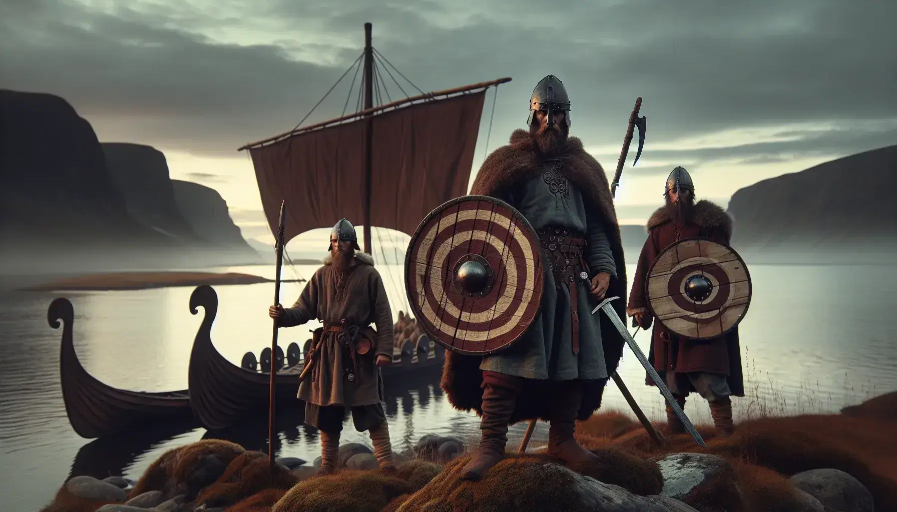 Three Viking warriors in period clothing stand before a moored longship on a fjord at twilight, with a shield, sword, and spear visible.