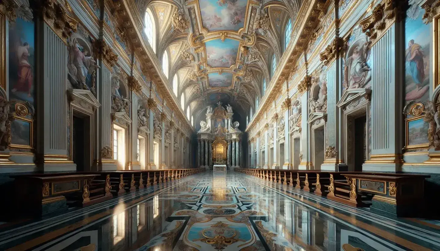 Interno barocco della Chiesa di Sant'Ignazio di Loyola a Roma, con pavimento in marmo, affreschi sul soffitto e altare dorato.