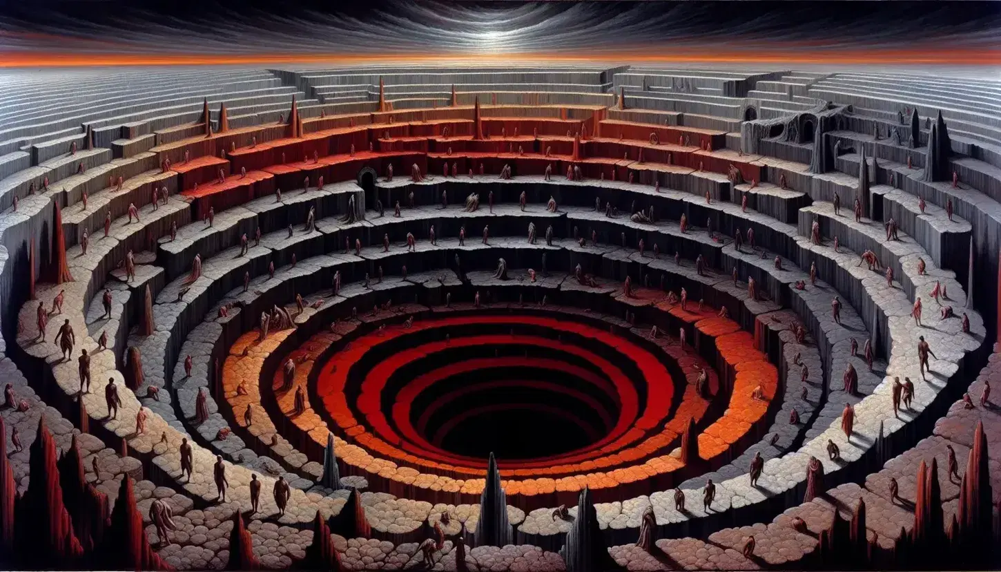 Rappresentazione artistica dell'Inferno dantesco con cerchi concentrici che simboleggiano i livelli infernali, figure umane tormentate e un abisso centrale.