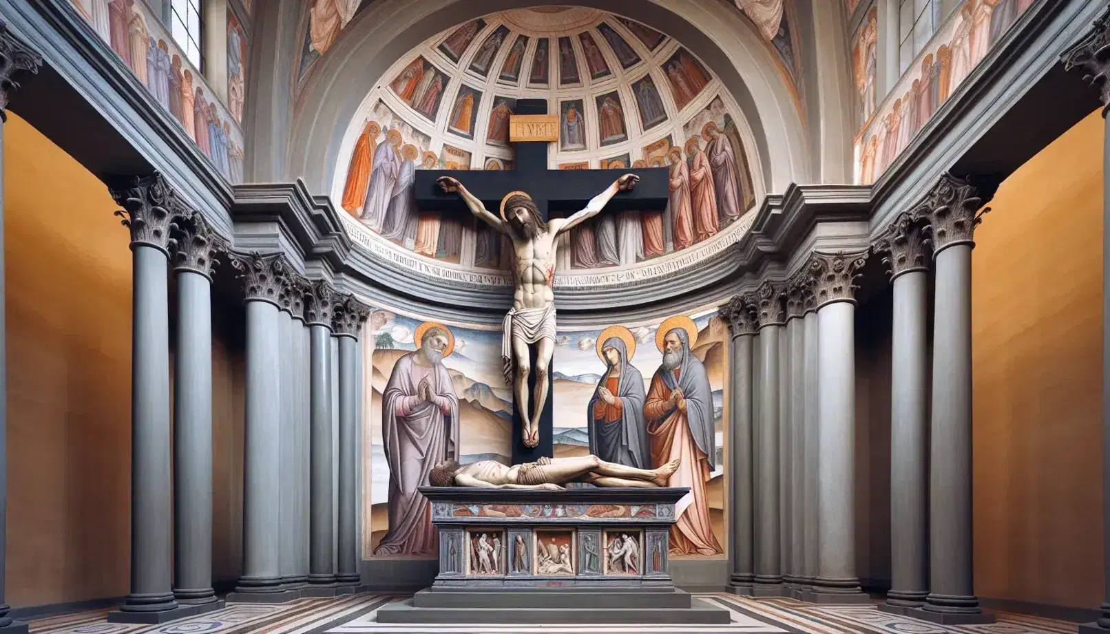 Riproduzione del fresco 'La Trinità' di Masaccio con Cristo in croce, Vergine e San Giovanni, Dio Padre sopra e simbolo dello Spirito Santo.