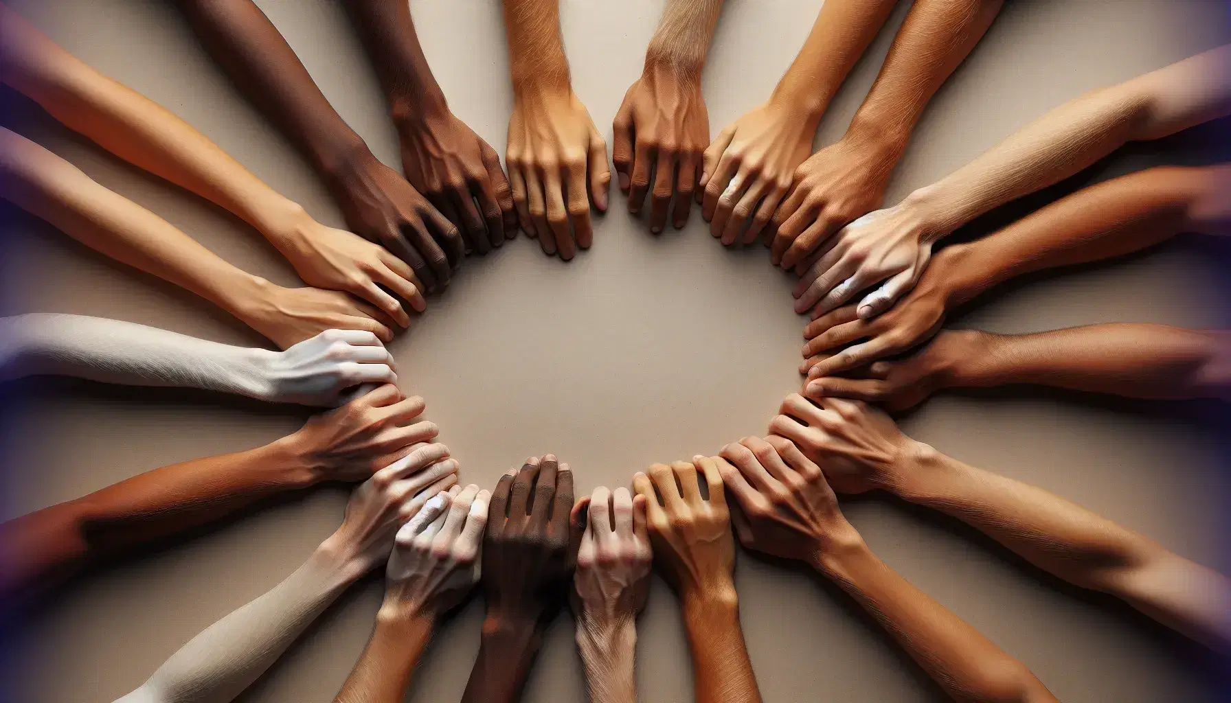 Manos de diversas tonalidades de piel formando un círculo unido sobre fondo neutro, simbolizando diversidad y unidad.