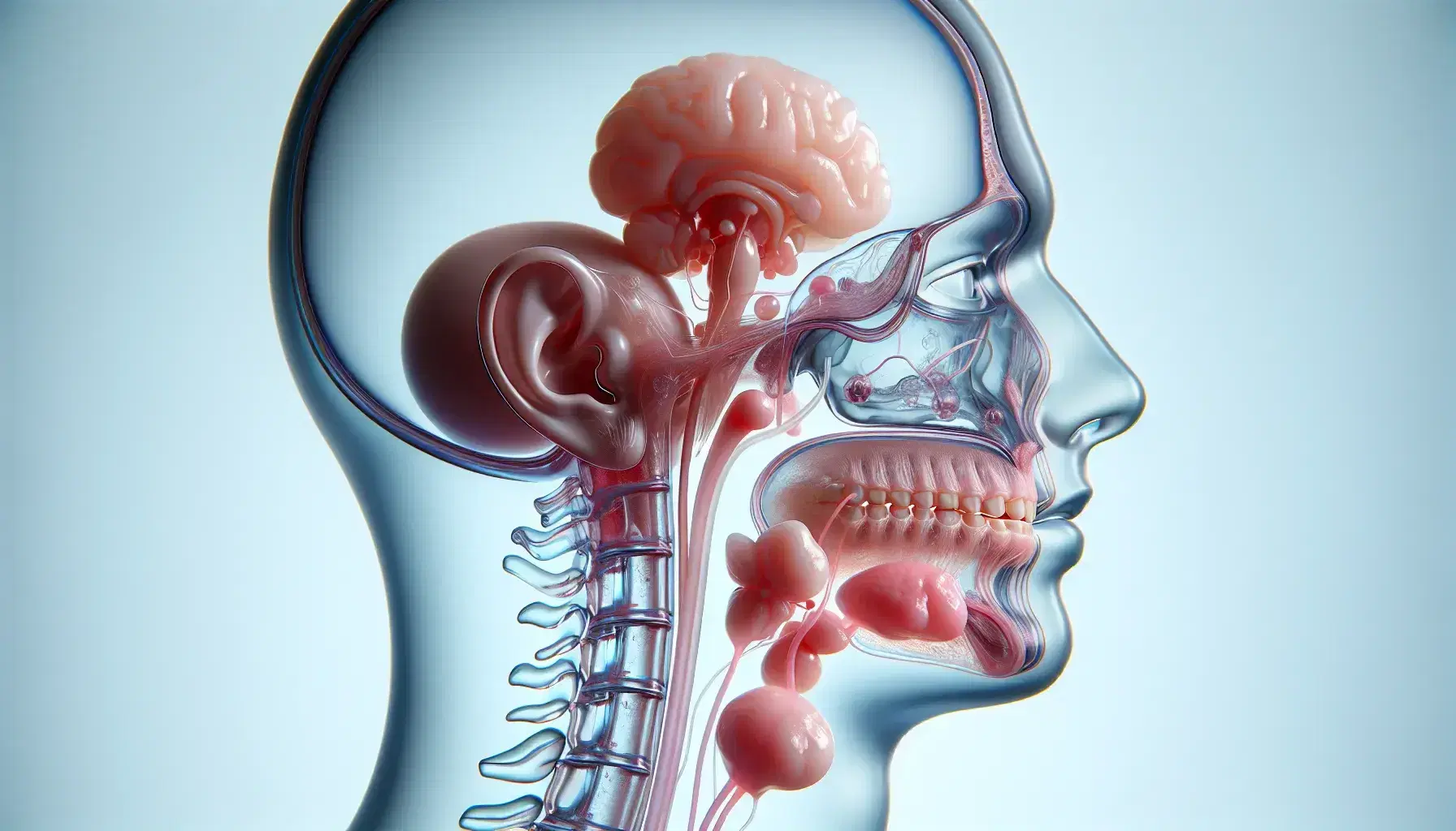 Vista lateral de una cabeza humana transparente mostrando glándulas salivales en tonos rosa pálido, con conductos hacia la cavidad oral sobre fondo azul claro.