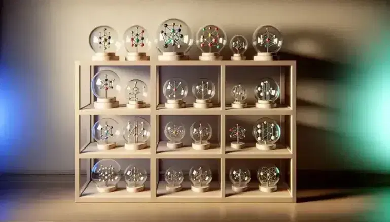 Estante de madera con esferas de vidrio que contienen modelos de átomos y moléculas en colores variados, organizadas de mayor a menor tamaño.