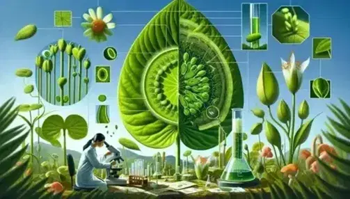 South Asian scientist studies plant physiology with magnifying glass, surrounded by different plant species and bioreactor for biofuels.