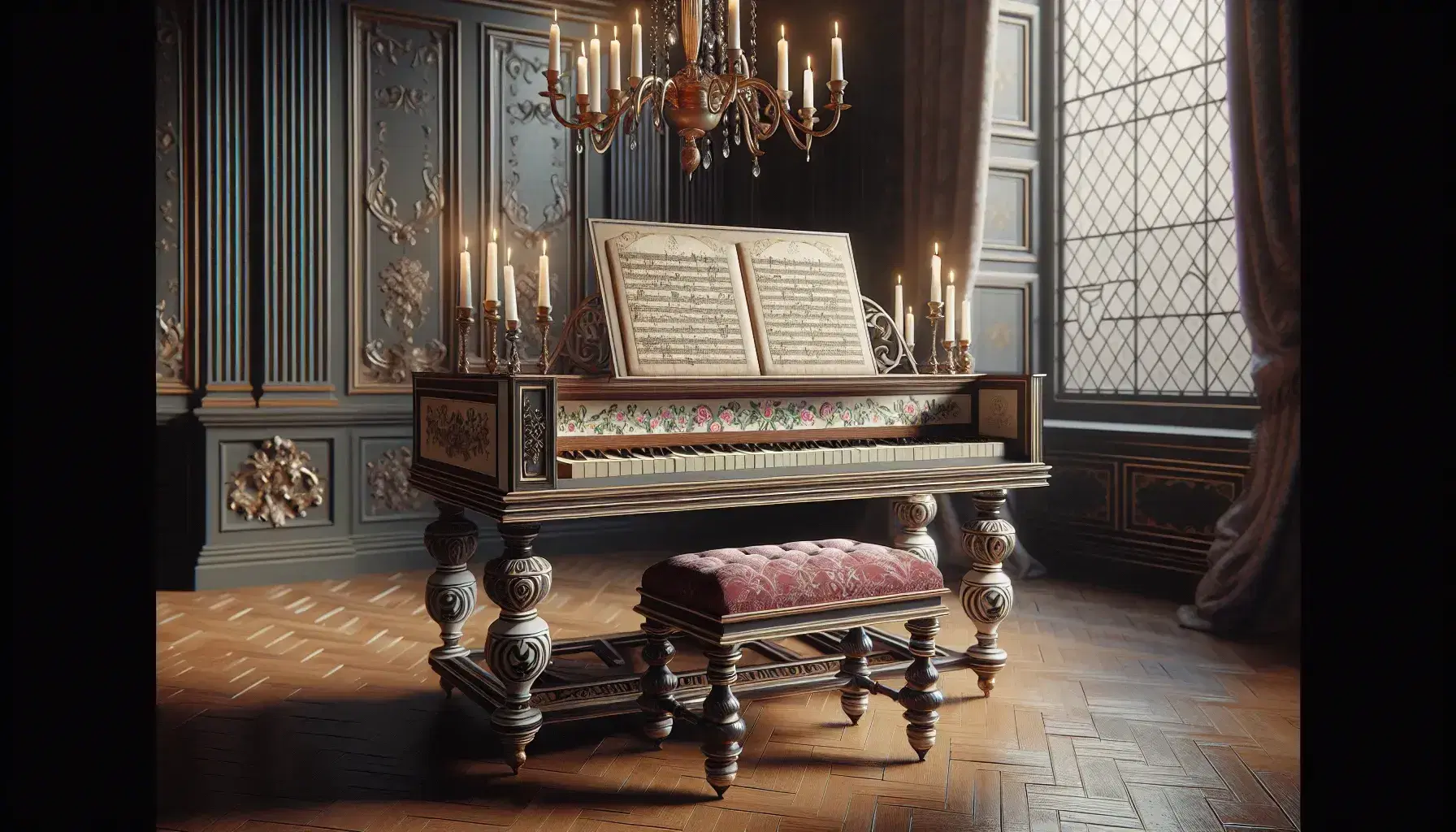 Clavicembalo barocco antico in legno intarsiato con gambe tornite e decorazioni floreali, in una stanza storica con pavimento in parquet e candelabro in ottone.