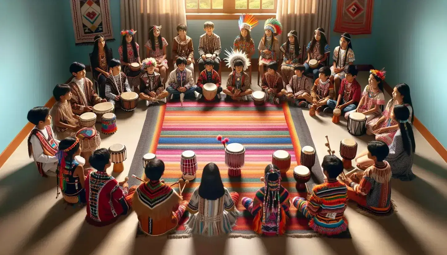Niños de diversas etnias en trajes tradicionales sentados en semicírculo con instrumentos musicales nativos en un aula iluminada.