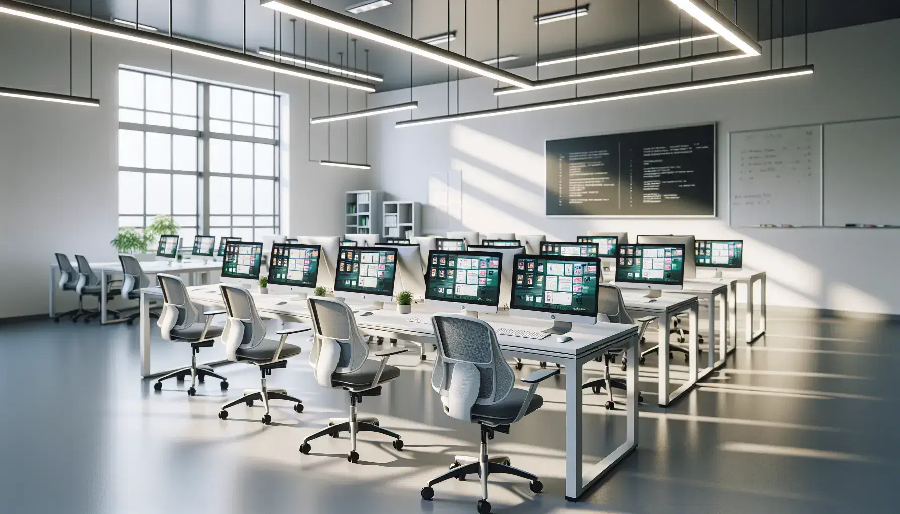 Laboratorio de computación moderno y luminoso con filas de mesas blancas, ordenadores de escritorio, sillas ergonómicas y pizarra blanca.