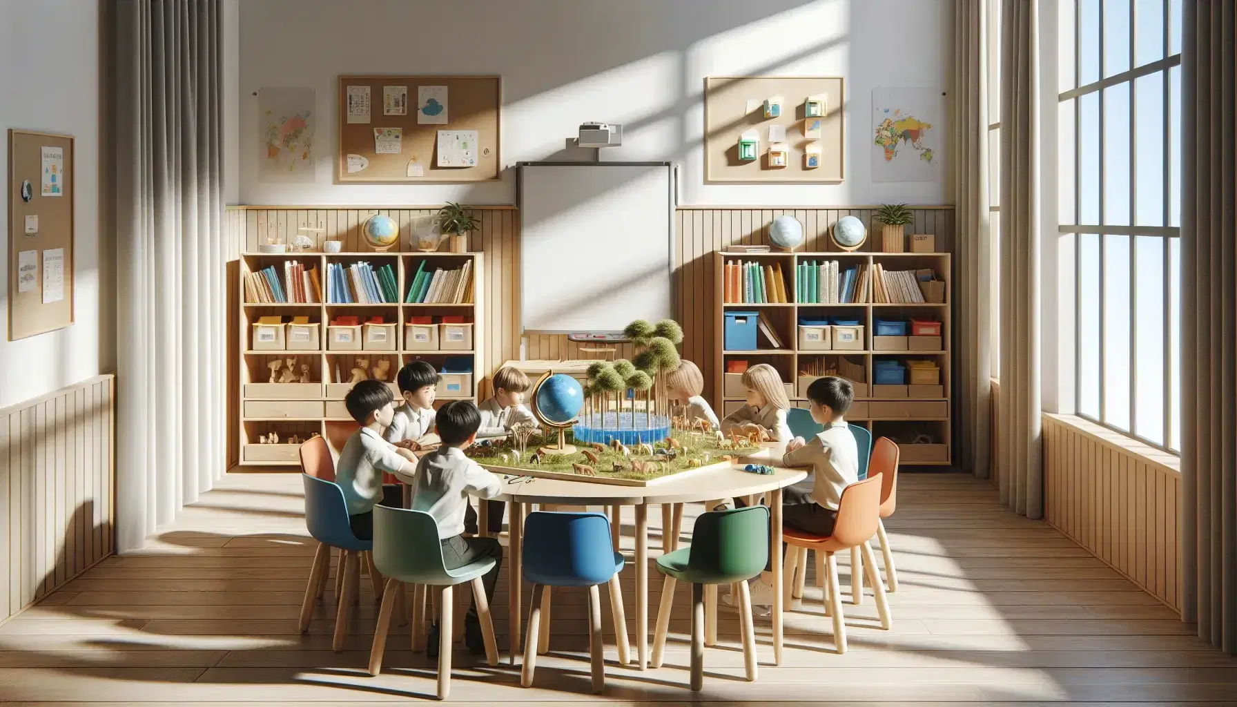 Estudiantes diversos alrededor de una mesa redonda observan un modelo tridimensional de ecosistema en un aula iluminada con estantería de libros y pizarra al fondo.
