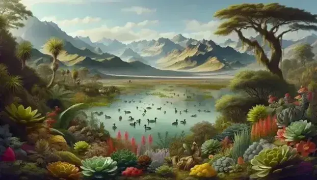 Paisaje natural con diversa vegetación en primer plano, flores coloridas, lago tranquilo con patos y montañas al fondo bajo un cielo azul.