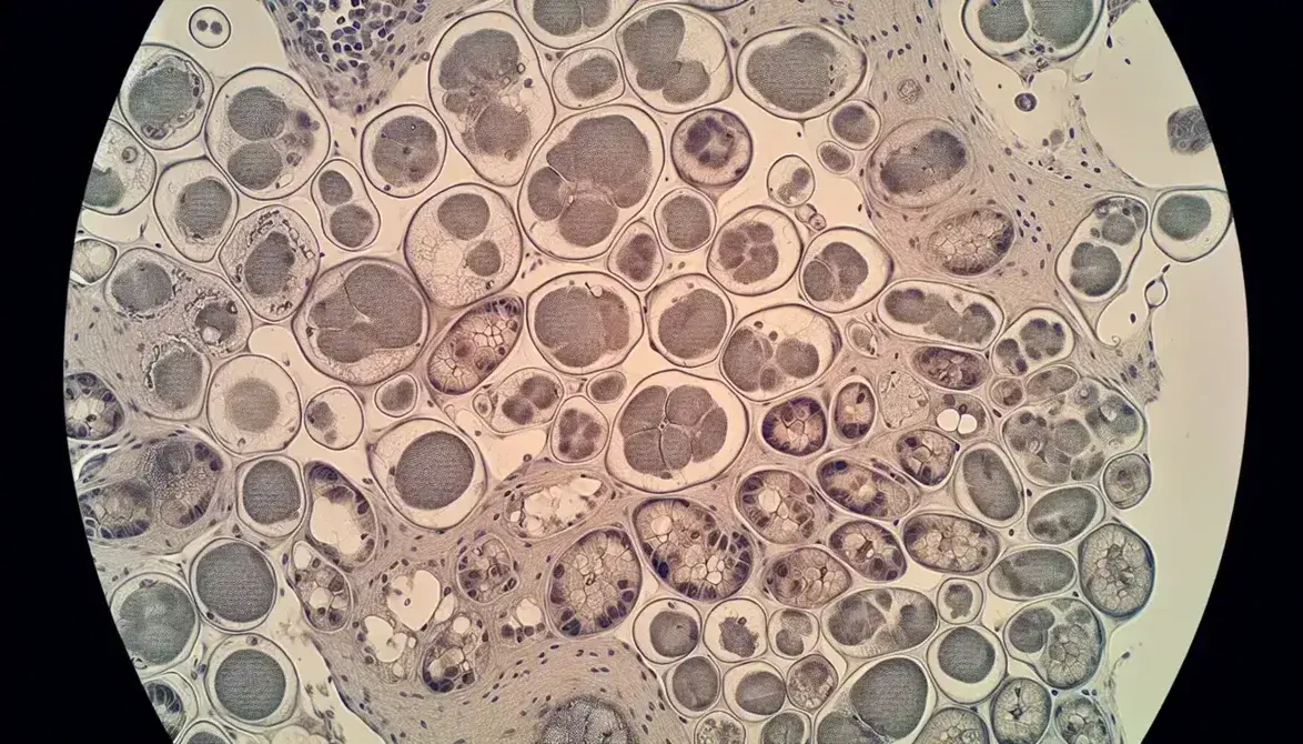 Vista microscópica de tejido celular con células de formas variadas, núcleos oscuros y citoplasma claro, con líneas finas de membranas y uniones celulares.