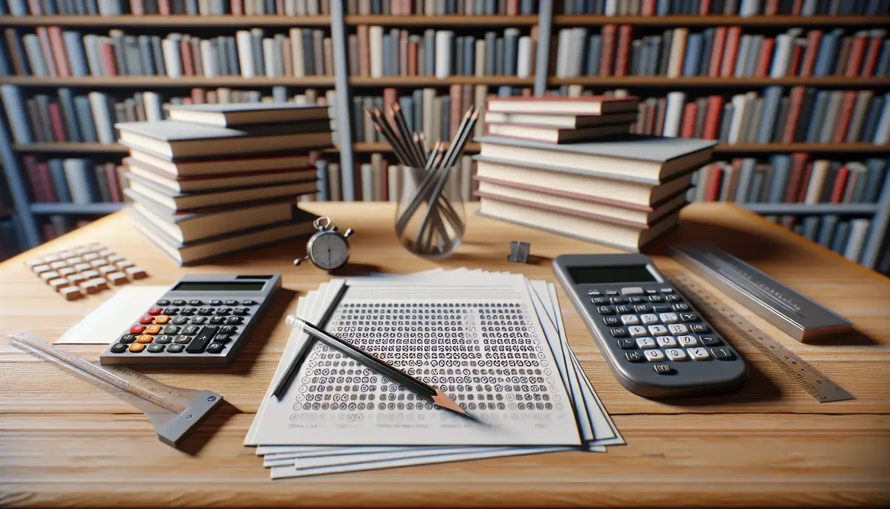 Mesa de madera clara con hojas de examen tipo test, lápiz grafito, regla plástica, calculadora científica y cronómetro digital, fondo de estantería con libros.