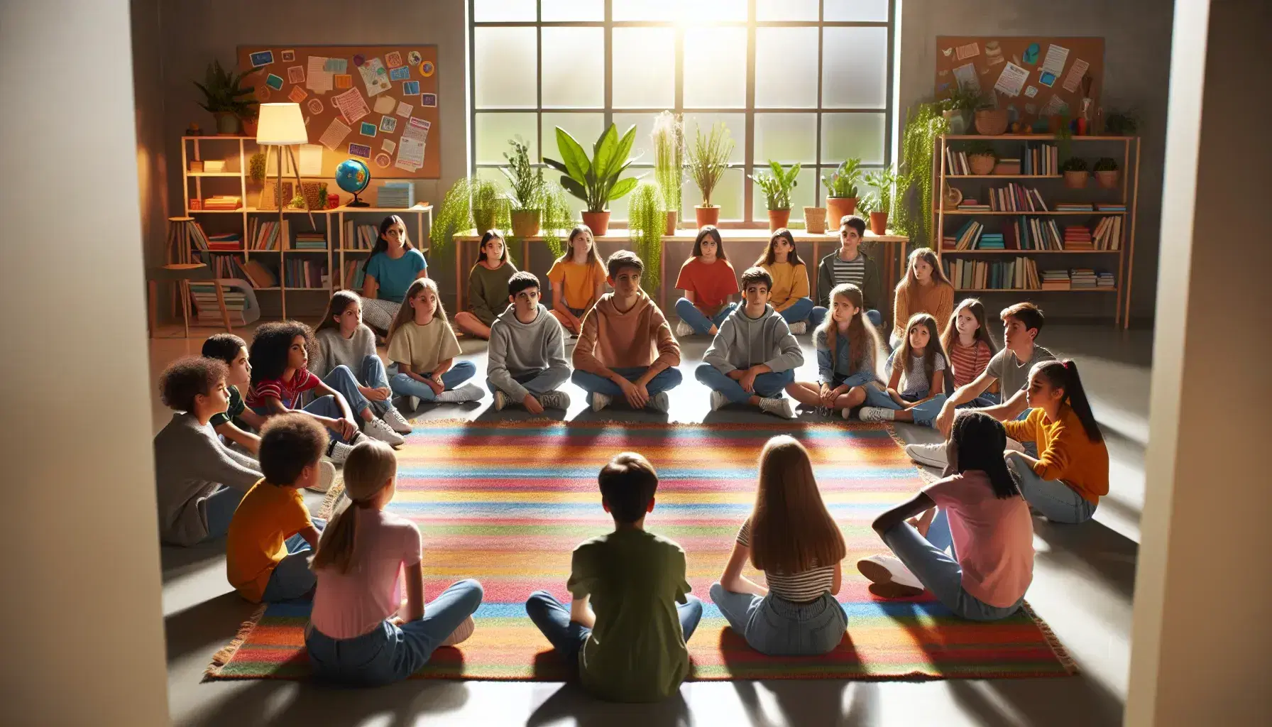Grupo diverso de niños y adolescentes sentados en semicírculo en una sala iluminada, atentos a una actividad no visible, rodeados de estanterías con libros y plantas.