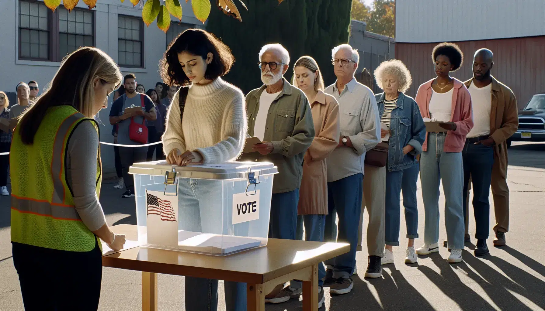 Diverse voters queue outside under blue sky to cast ballots at a polling station, with a young Hispanic woman voting into a transparent ballot box.