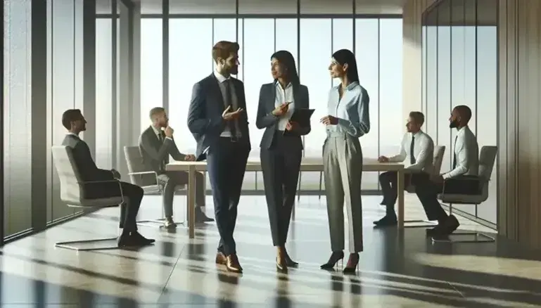 Grupo diverso de profesionales interactuando en una oficina moderna con mesa de conferencia, grandes ventanas y diseño minimalista.