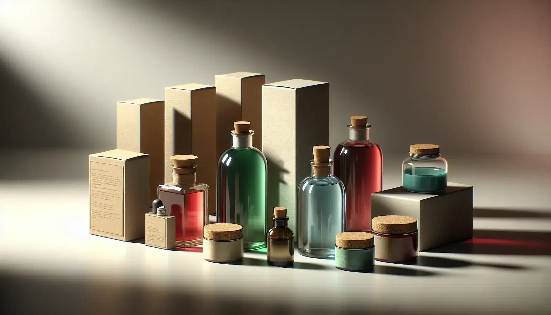 Botellas de vidrio con líquidos rojo, verde y azul y cajas de cartón texturizadas junto a un tarro cerámico y un frasco de vidrio en superficie neutra.