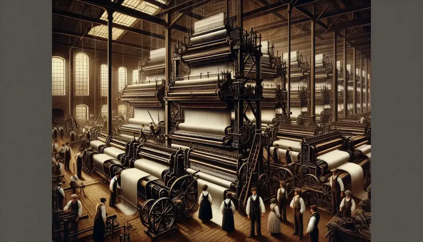 Telares mecánicos de la Revolución Industrial en fábrica textil con operarios ataviados con ropa de época trabajando y hilos blancos y beige entrelazándose.