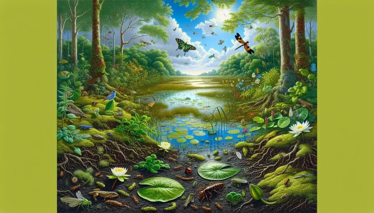 Ecosistema de humedal con suelo húmedo, plantas verdes, insectos, agua con reflejos celestes, rana en nenúfares, vegetación densa, ave y mariposa en flor amarilla.