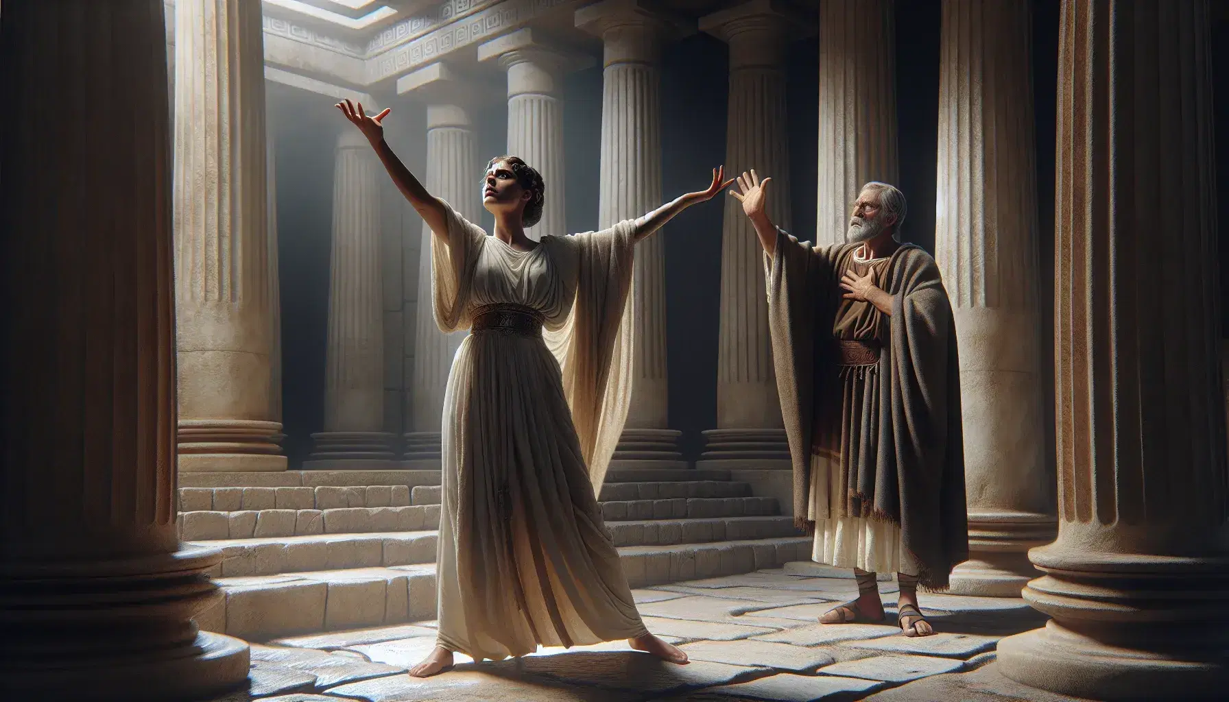 Scena teatrale greca antica con donna in abito bianco e uomo in tunica scura tra colonne di pietra, gesti espressivi sotto luce naturale.