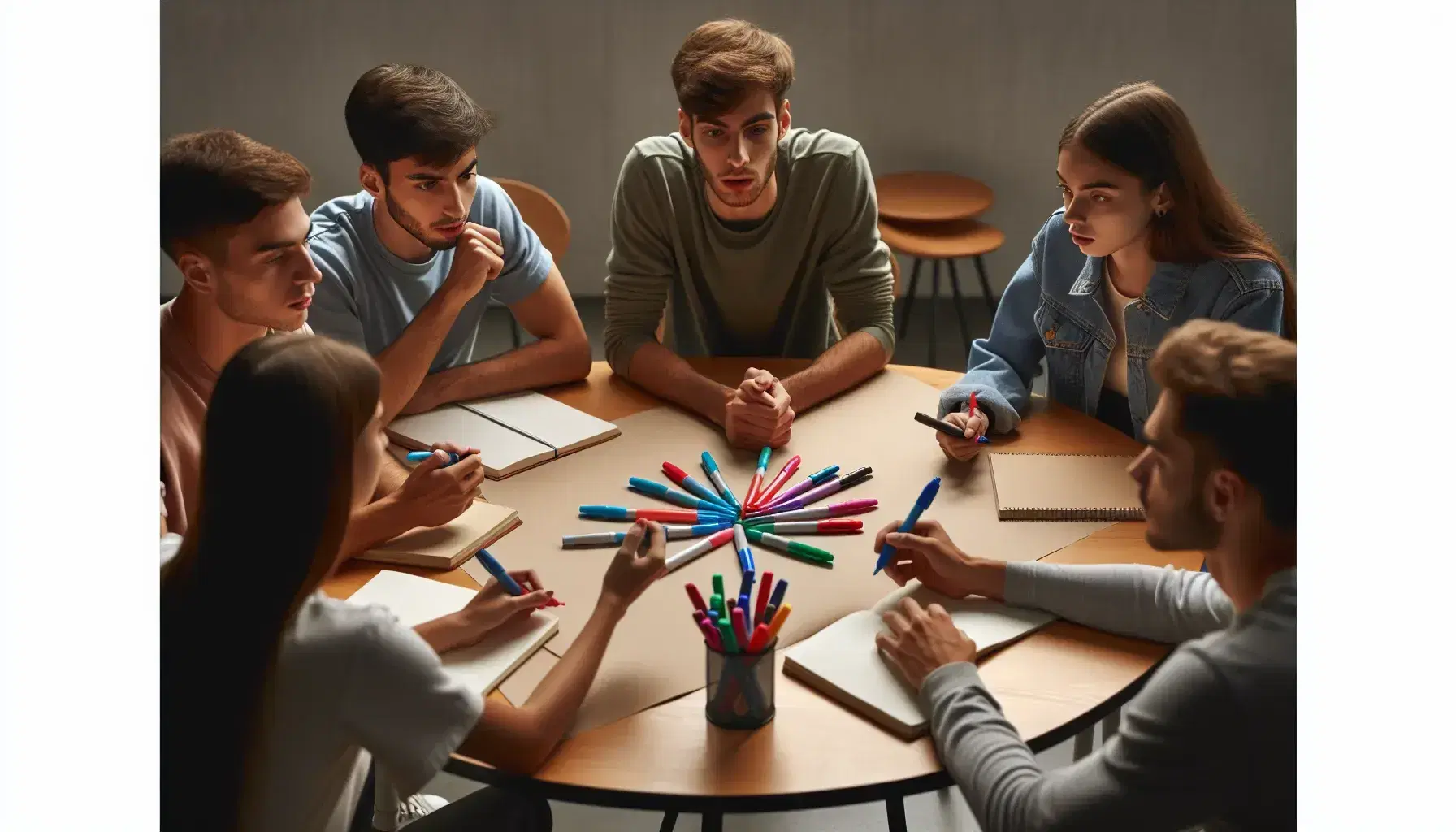 Estudiantes colaborando en una sesión de brainstorming con marcadores de colores sobre papel en blanco en una mesa redonda.