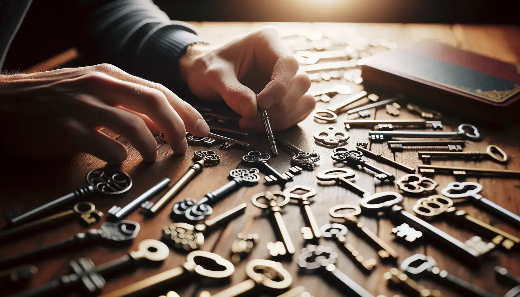 Hands examining a collection of colorful keys on a wooden table, with details of different shapes and teeth, in a naturally lit room.