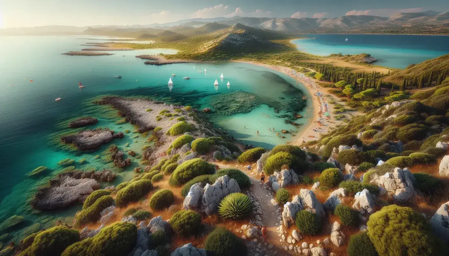 Panorama italiano con costa rocciosa, spiaggia sabbiosa, mare azzurro, colline verdi e cielo sereno, senza segni distintivi.
